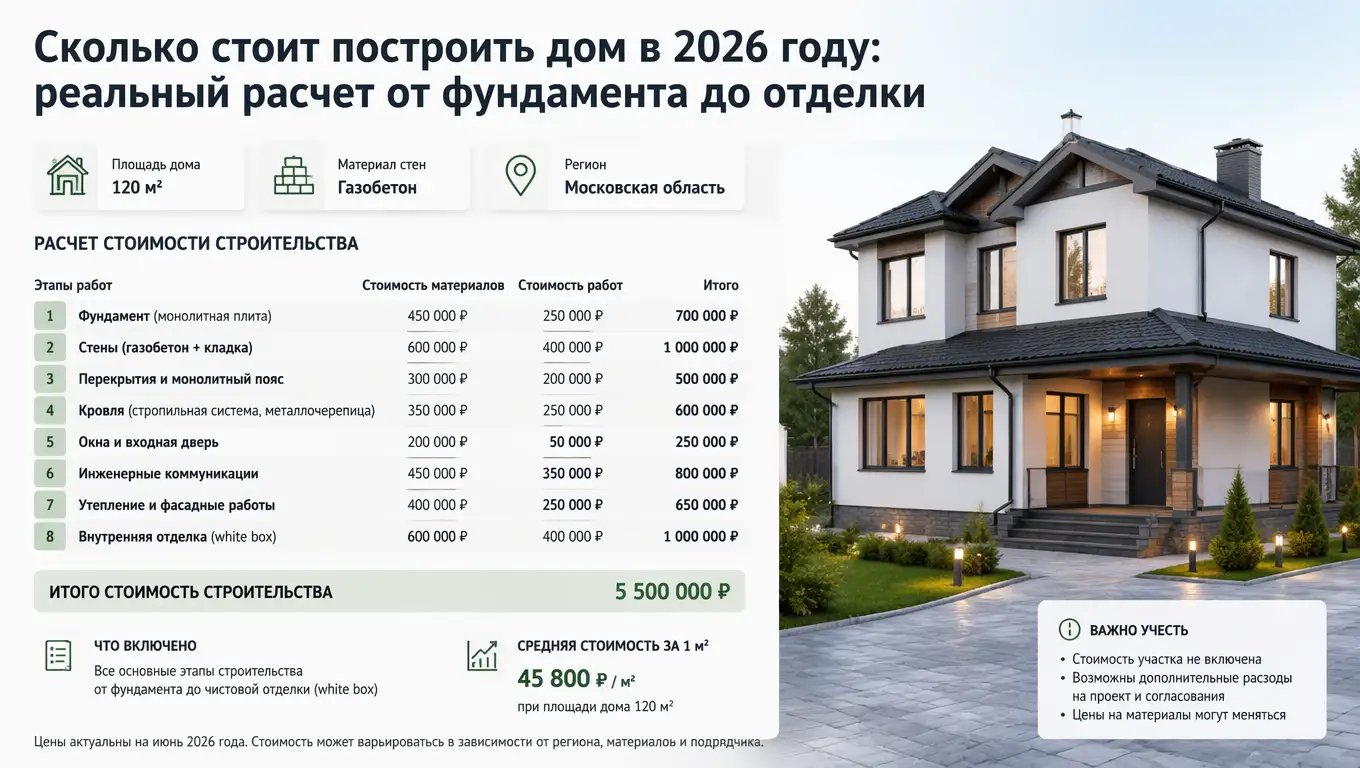 Сколько стоит построить дом в 2026 году: реальный расчет от фундамента до отделки