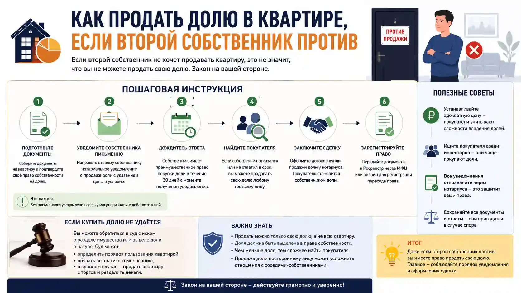 Как продать долю в квартире, если второй собственник против: инструкция 2026 года