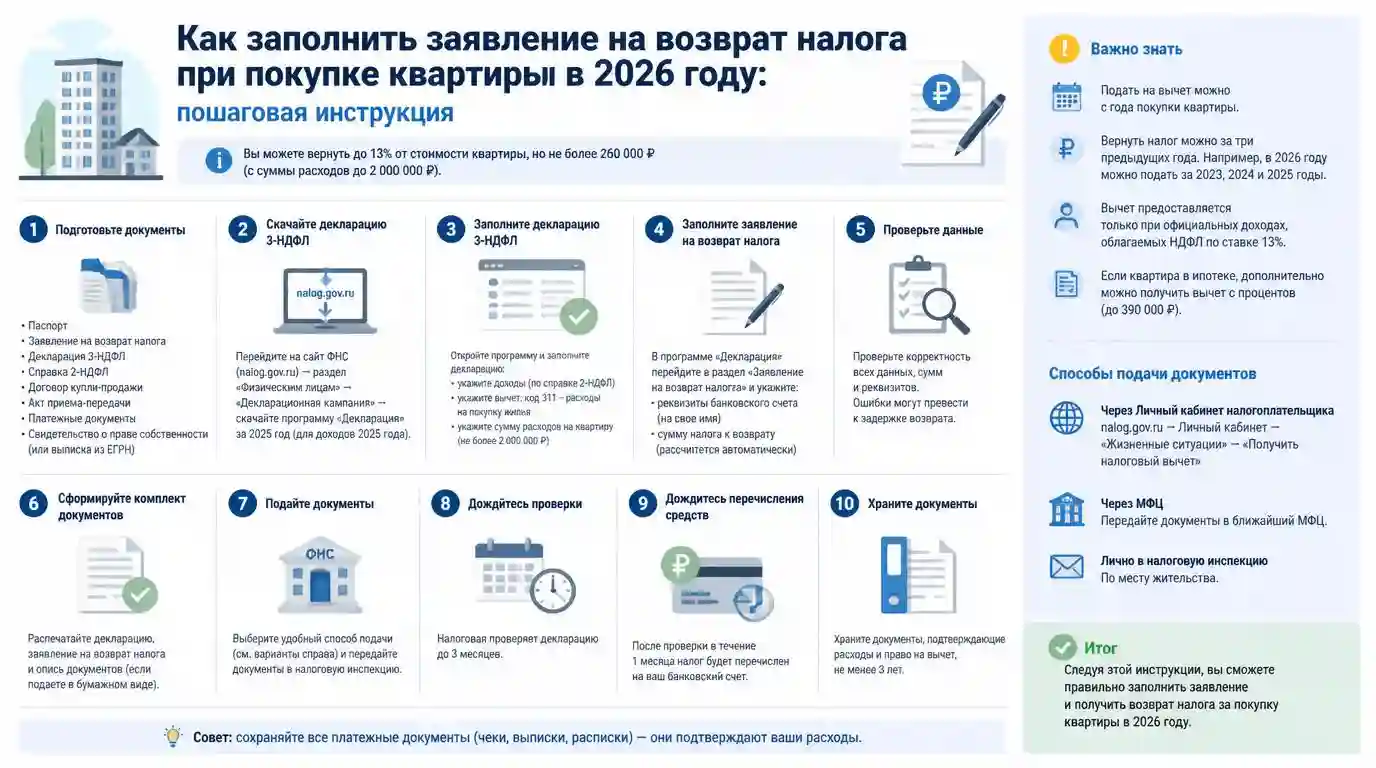 Как заполнить заявление на возврат налога при покупке квартиры в 2026 году: пошаговая инструкция
